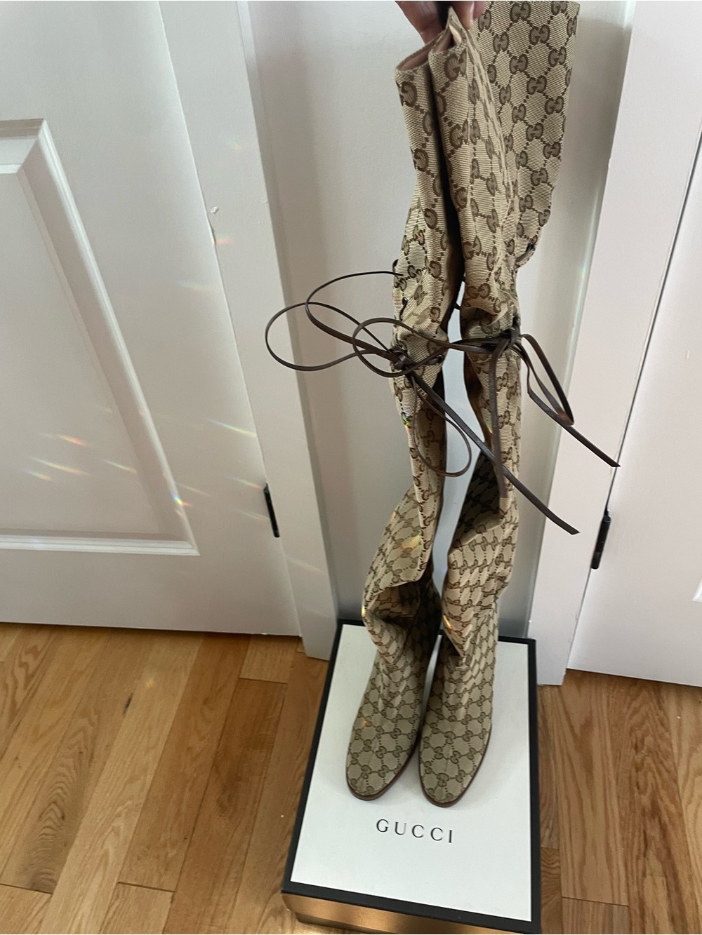 Gucci Beige GG Canvas Over-the-Knee Lace-Up Boots